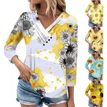 Женские повседневные футболки с рукавом 3/4 для выходных с V-образным вырезом и принтом, свободные плиссированные футболки, женская блузка L