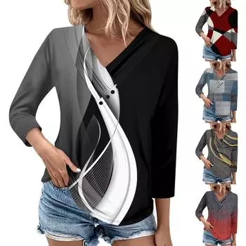 Женские повседневные футболки с рукавом 3/4 для выходных с V-образным вырезом и принтом, свободные плиссированные футболки, женская блузка L чёрный