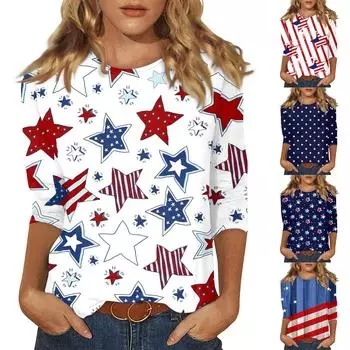 Женские повседневные футболки с рукавом 3/4, топы с круглым вырезом L синий