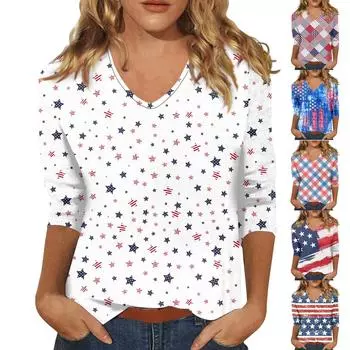 Женские повседневные футболки с рукавом 3/4, топы с v-образным вырезом ко Дню независимости L синий