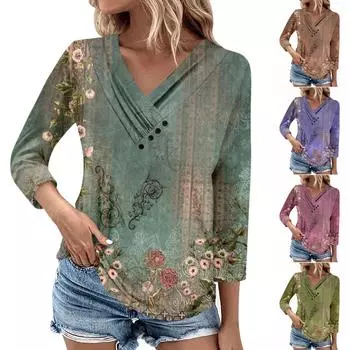 Женские повседневные футболки с рукавом 3/4 для выходных с V-образным вырезом и принтом, свободные плиссированные футболки, женская блузка XL