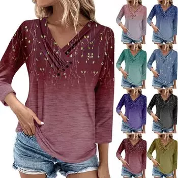 Женские повседневные футболки с рукавом 3/4 для выходных с V-образным вырезом и принтом, свободные плиссированные футболки, женская блузка XXL чёрный