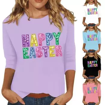 Женские повседневные футболки с рукавом 3/4, топы с круглым вырезом L чёрный