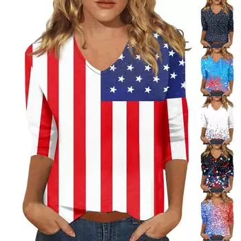 Женские повседневные футболки с рукавом 3/4, топы с v-образным вырезом ко Дню независимости L чёрный