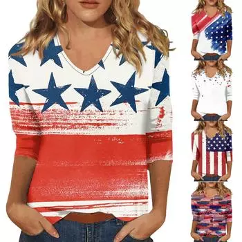 Женские повседневные футболки с рукавом 3/4, топы с v-образным вырезом ко Дню независимости L синий