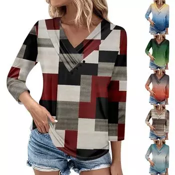 Женские повседневные футболки с рукавом 3/4 для выходных с V-образным вырезом и принтом, свободные плиссированные футболки, женская блузка XXL коричневый