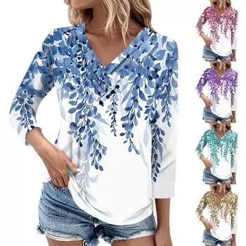 Женские повседневные футболки с рукавом 3/4 для выходных с V-образным вырезом и принтом, свободные плиссированные футболки, женская блузка L синий