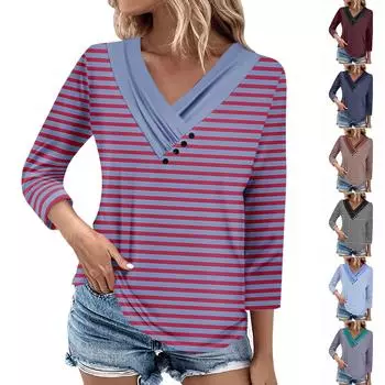 Женские повседневные футболки с рукавом 3/4 для выходных с V-образным вырезом и принтом, свободные плиссированные футболки, женская блузка L чёрный