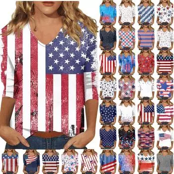 Женские повседневные футболки с рукавом 3/4, топы с v-образным вырезом ко Дню независимости L тёмно-синий