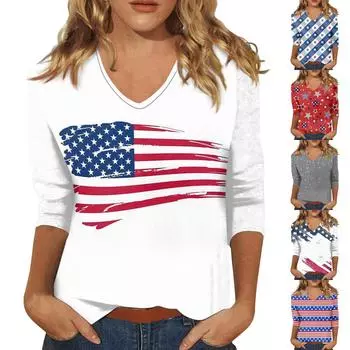 Женские повседневные футболки с рукавом 3/4, топы с v-образным вырезом ко Дню независимости L бежевый