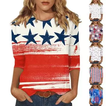 Женские повседневные футболки с рукавом 3/4, топы с круглым вырезом L синий