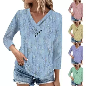 Женские повседневные футболки с рукавом 3/4 для выходных с V-образным вырезом и принтом, свободные плиссированные футболки, женская блузка L