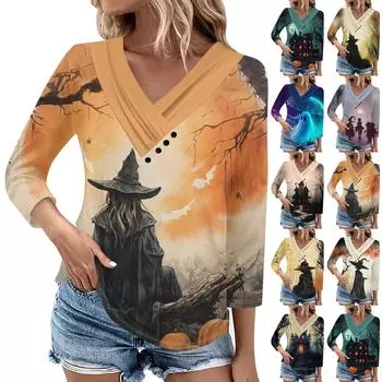 Женские повседневные футболки с рукавом 3/4 на выходные с V-образным вырезом и принтом на Хэллоуин, свободные плиссированные футболки, женская блузка S синий