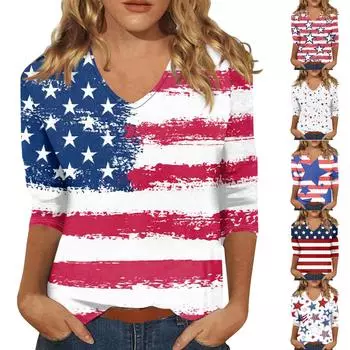 Женские повседневные футболки с рукавом 3/4, топы с v-образным вырезом ко Дню независимости L бежевый