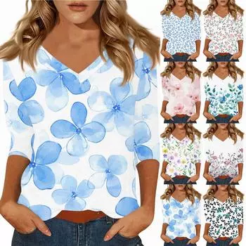 Женские повседневные футболки с рукавом 3/4, топы с V-образным вырезом S