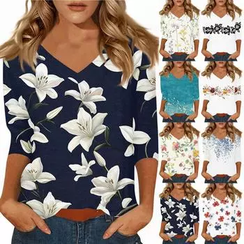 Женские повседневные футболки с рукавом 3/4, топы с V-образным вырезом XL розовый