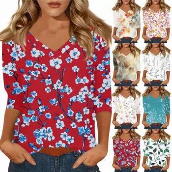 Женские повседневные футболки с рукавом 3/4, топы с V-образным вырезом XXXL хаки