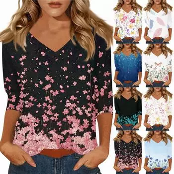 Женские повседневные футболки с рукавом 3/4, топы с V-образным вырезом XXL чёрный