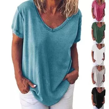 Женские повседневные футболки с v-образным вырезом больших размеров, модные однотонные топы с короткими рукавами S чёрный