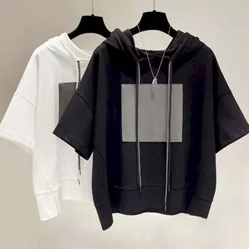 Женские повседневные футболки в корейском стиле с капюшоном и завязками на шнурке, короткие рукава, летние свободные модные футболки, топы в стиле Харадзюку M белый