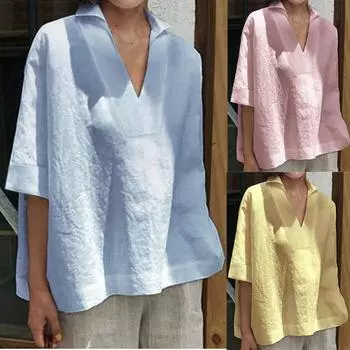 Женские повседневные футболки Женские мешковатые топы Блузка Топ Однотонный V-образный вырез Хлопок Лен Плюс Размер S белый