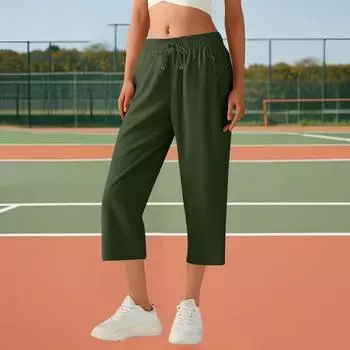 Женские повседневные хлопковые и льняные однотонные длинные прямые брюки с эластичной резинкой на талии L армия зеленый