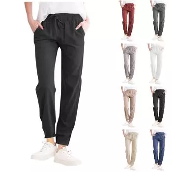 Женские повседневные хлопковые и льняные однотонные длинные прямые брюки с эластичной резинкой на талии M бежевый