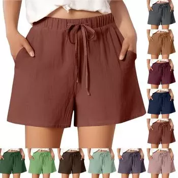 Женские повседневные хлопковые и льняные однотонные свободные шорты со шнуровкой и эластичным поясом длиной три четверти L коричневый