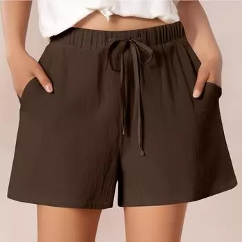 Женские повседневные хлопковые и льняные однотонные свободные шорты со шнуровкой и эластичным поясом длиной три четверти S зелёный