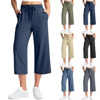 Женские повседневные хлопковые и льняные однотонные длинные прямые брюки с эластичной резинкой на талии L армия зеленый