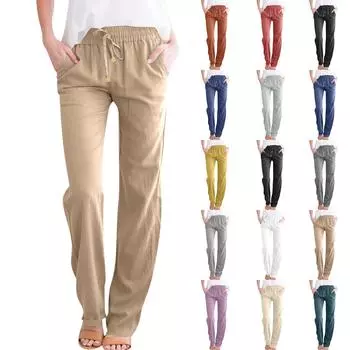 Женские повседневные хлопковые и льняные однотонные длинные прямые брюки с эластичной резинкой на талии XXL чёрный