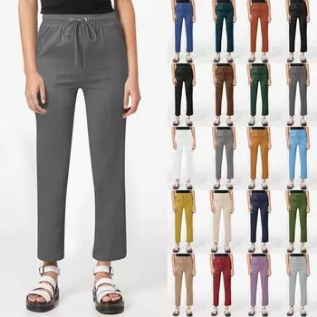 Женские повседневные хлопковые и льняные однотонные длинные прямые брюки с эластичной резинкой на талии XL оранжевый