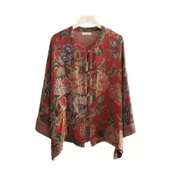 Женские повседневные хлопковые куртки на весну-лето, топы с ретро-принтом, женское пальто винтажного стиля на пуговицах-стойке one size красный