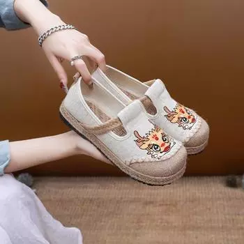 Женские повседневные холщовые мокасины без застежек, легкие дорожные прогулочные эспадрильи, туфли на плоской подошве с вышивкой, рабочие туфли для женщин, балетки на платформе 35 бежевый