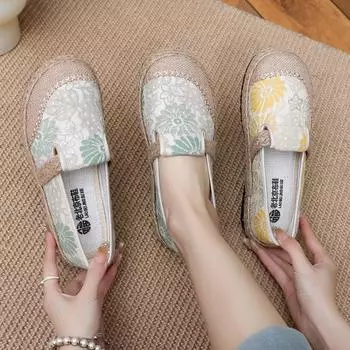 Женские повседневные холщовые мокасины без застежек, легкие дорожные прогулочные эспадрильи, туфли на плоской подошве с вышивкой, рабочие туфли для женщин, балетки на платформе 35 зелёный