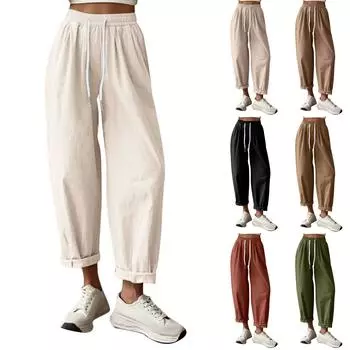 Женские повседневные и модные брюки из хлопка и льна на шнурке с карманами и широкие брюки L армия зеленый