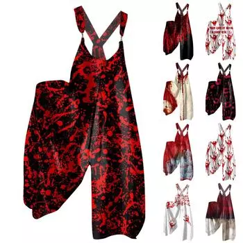 Женские повседневные и модные брюки на бретелях, свободный комбинезон в стиле ретро с принтом и карманами L красный