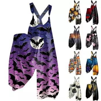 Женские повседневные и модные брюки на бретелях, свободный комбинезон в стиле ретро с принтом и карманами M чёрный