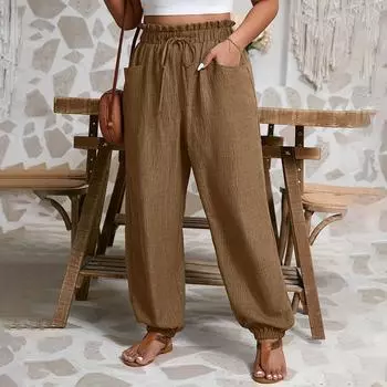 Женские повседневные и модные широкие брюки на резинке со шнурком, однотонные L коричневый