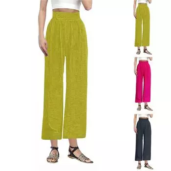 Женские повседневные и удобные брюки прямого кроя из льняной ткани с высокой талией L чёрный