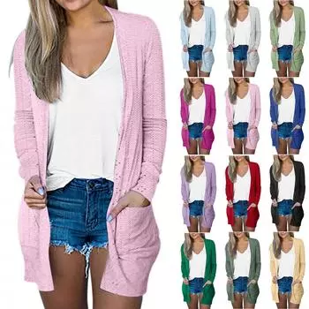 Женские повседневные кардиганы с люверсами, легкие куртки с длинными рукавами и открытым передом, легкая верхняя одежда на осень с карманами XXL