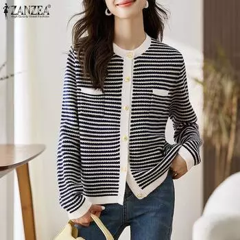 Женские повседневные кардиганы ZANZEA с круглым вырезом и длинными рукавами в полоску S чёрный