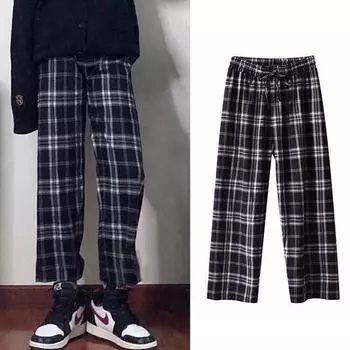 Женские повседневные клетчатые брюки, свободные широкие брюки, прямые брюки в стиле ретро для подростков, уличная одежда XXL