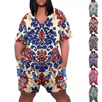 Женские повседневные комбинезоны больших размеров с V-образным вырезом и карманами и короткими рукавами, широкие шорты, комбинезоны S