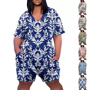 Женские повседневные комбинезоны больших размеров с V-образным вырезом и карманами и короткими рукавами, широкие шорты, комбинезоны S хаки