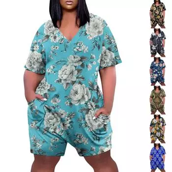 Женские повседневные комбинезоны больших размеров с V-образным вырезом и карманами и короткими рукавами, широкие шорты, комбинезоны XXXXXL
