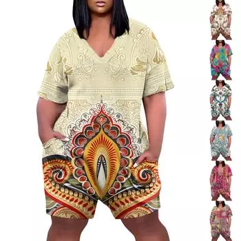 Женские повседневные комбинезоны больших размеров с V-образным вырезом и карманами и короткими рукавами, широкие шорты, комбинезоны XXXXL хаки