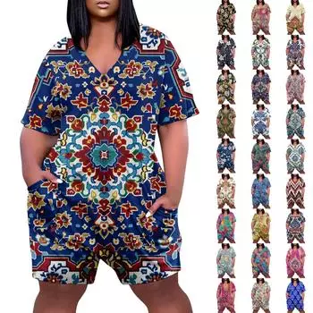 Женские повседневные комбинезоны больших размеров с V-образным вырезом и карманами и короткими рукавами, широкие шорты, комбинезоны XXL бежевый