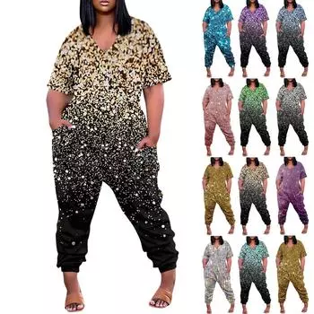 Женские повседневные комбинезоны на молнии с V-образным вырезом и короткими рукавами больших размеров с карманами, широкие длинные комбинезоны L чёрный