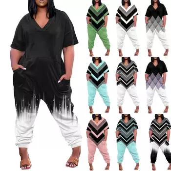 Женские повседневные комбинезоны на молнии с V-образным вырезом и короткими рукавами больших размеров с карманами, широкие длинные комбинезоны L чёрный